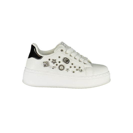 White polyurethane women sneaker with rhinestone embellishments and a black heel patch