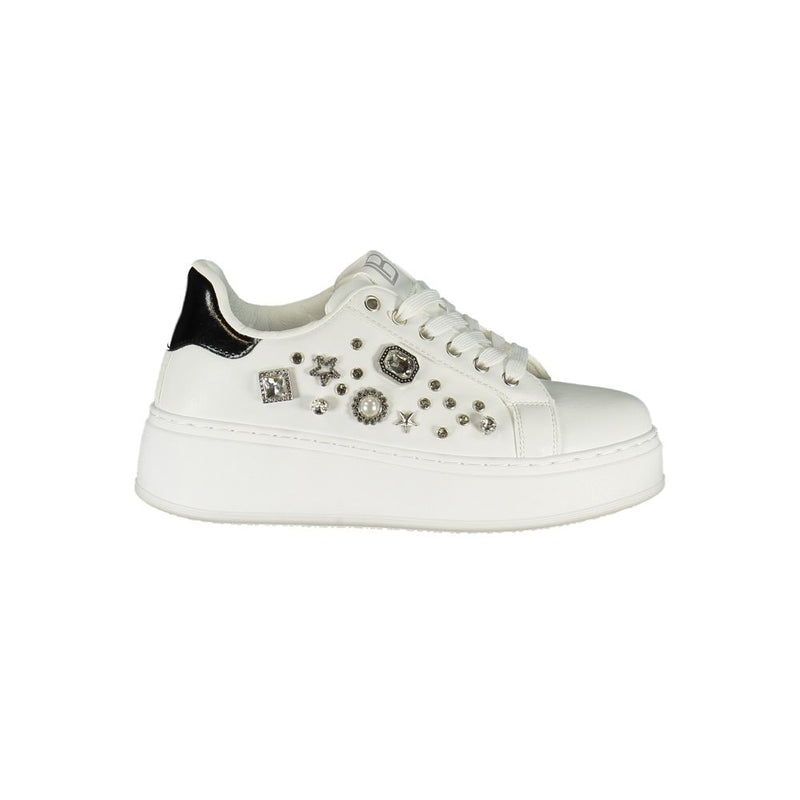 White polyurethane women sneaker with rhinestone embellishments and a black heel patch