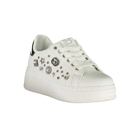 White polyurethane women platform sneaker with crystal embellishments