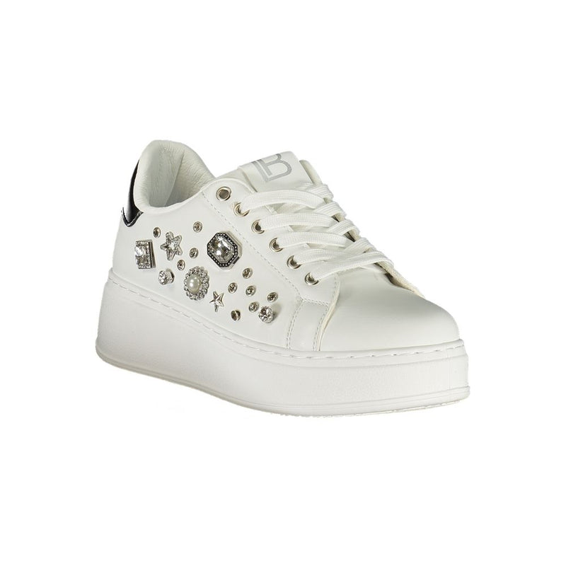 White polyurethane women platform sneaker with crystal embellishments