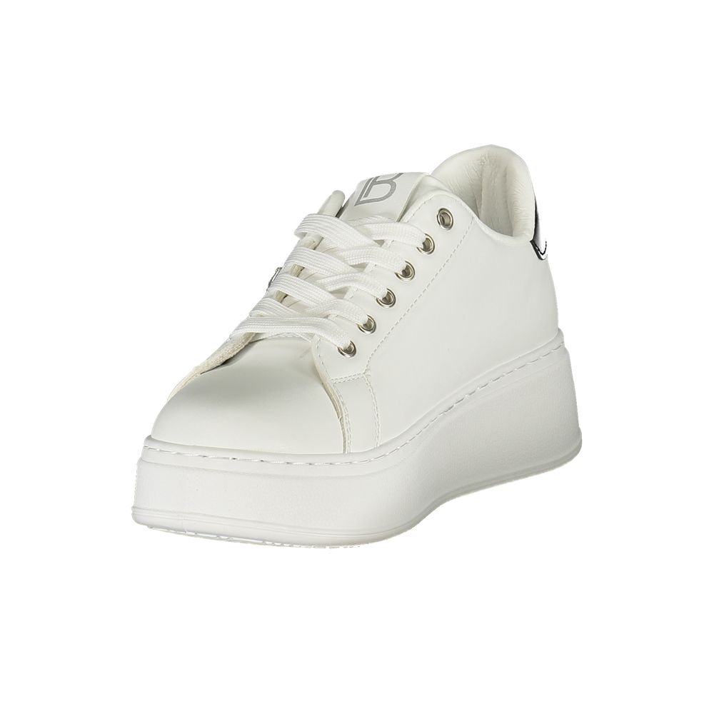 Laura Biagiotti white polyurethane platform sneaker with lace-up closure and metallic logo detailing.