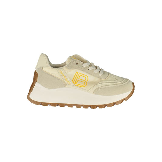 Beige Laura Biagiotti polyurethane women's sneaker with lace-up design, chunky sole, and yellow logo detail.