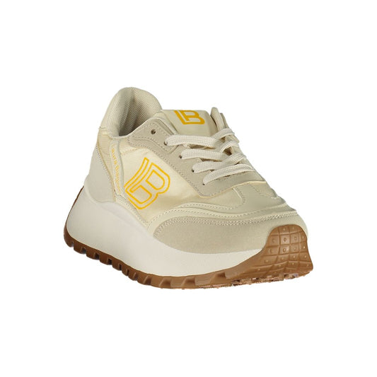 Beige polyurethane Laura Biagiotti women's platform sneaker with yellow branding and a brown lugged rubber sole.