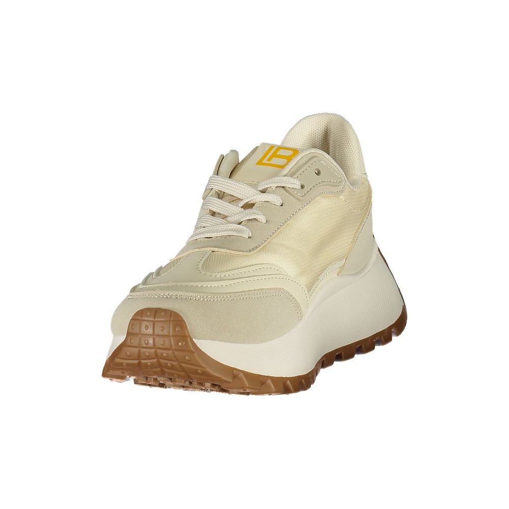 Laura Biagiotti beige polyurethane women’s sneaker with fabric panels, chunky platform sole, and brown lugged outsole.