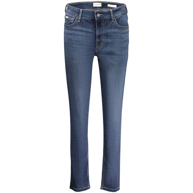 Blue lyocell women's skinny jeans with a mid-rise waist and subtle fading