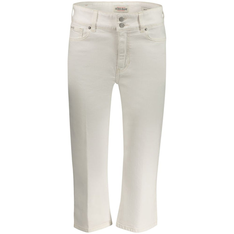 White cotton women's capri jeans with a high-waisted double-button closure