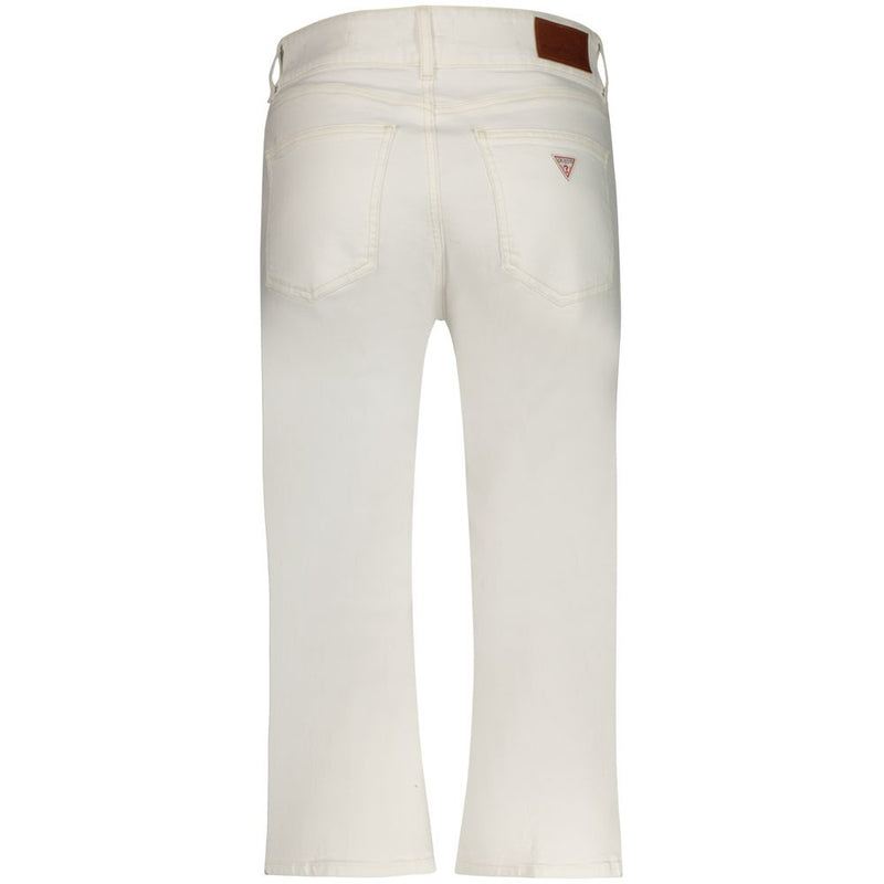 White cotton women's capri jeans with rear pockets and a brown logo patch