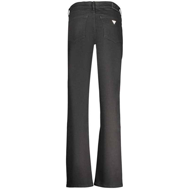 Back view of black cotton women's jeans with a small white logo on the back pocket