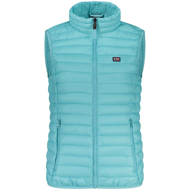 Light blue quilted nylon women's gilet with zip pockets and high collar