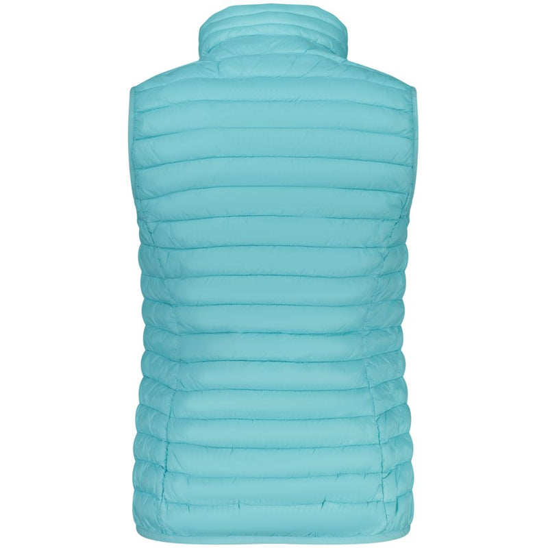 Light blue quilted nylon womens gilet seen from the back