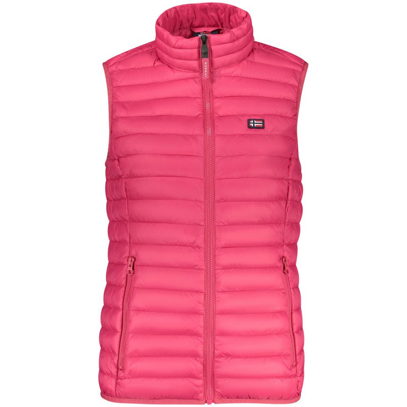 Bright pink quilted polyamide women's puffer vest with a high collar and zipper pockets