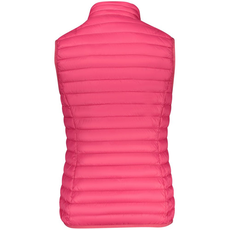 Pink padded nylon women's vest with a stand-up collar shown from the back