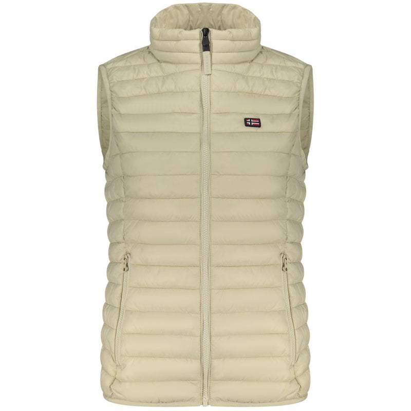 Beige quilted polyamide women's gilet with a full zip and stand collar