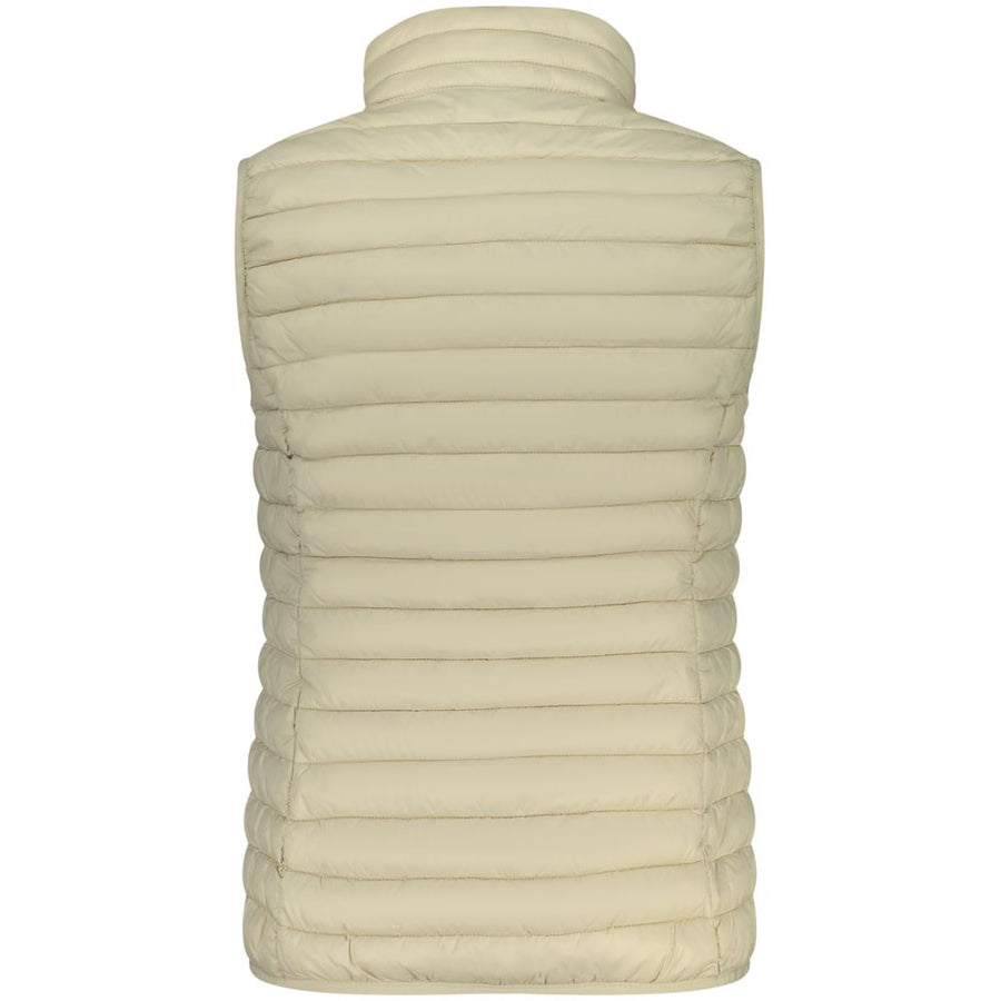 Beige quilted polyamide women's gilet with a full zip and stand collar