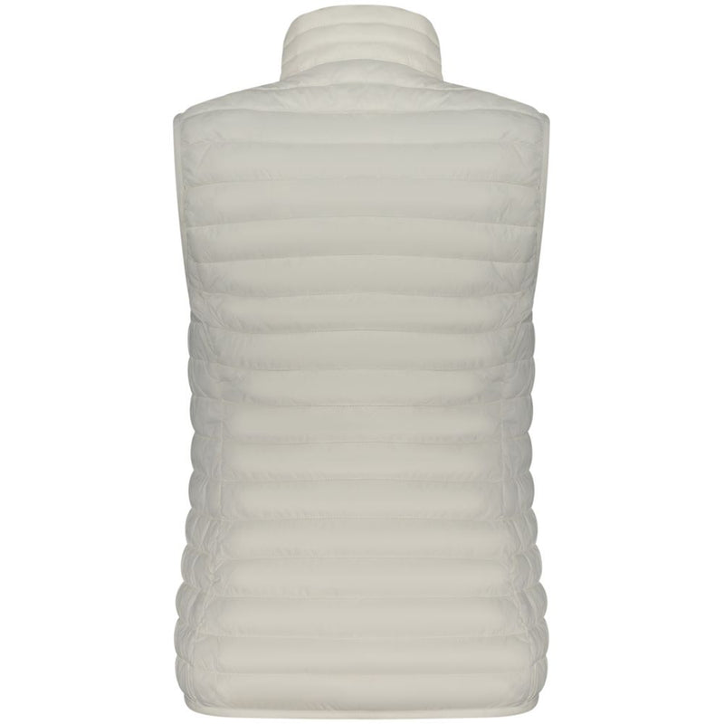 Back view of a white nylon quilted women's gilet with a stand collar