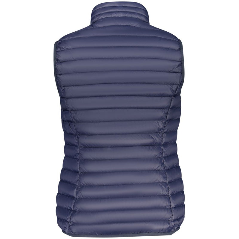Back view of a blue polyamide quilted puffer gilet for women with a high collar