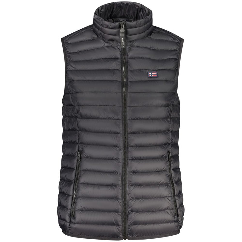 Black quilted nylon women's puffer vest with a high collar and zipper pockets