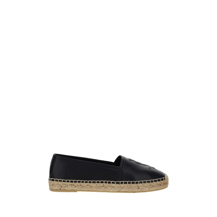 Saint Laurent black lambskin leather slip-on espadrilles with jute braided midsole and tonal logo detail.