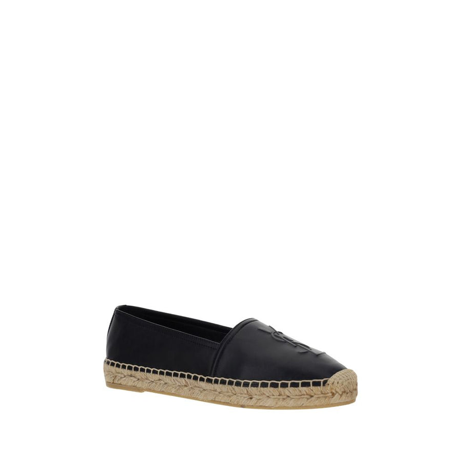 Saint Laurent black lambskin leather slip-on espadrilles with jute braided midsole and tonal logo detail.
