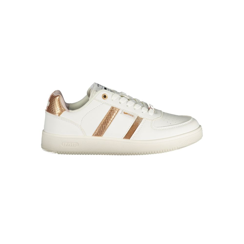 White polyurethane women's sneaker featuring metallic rose gold accents and a classic low-top lace-up design.