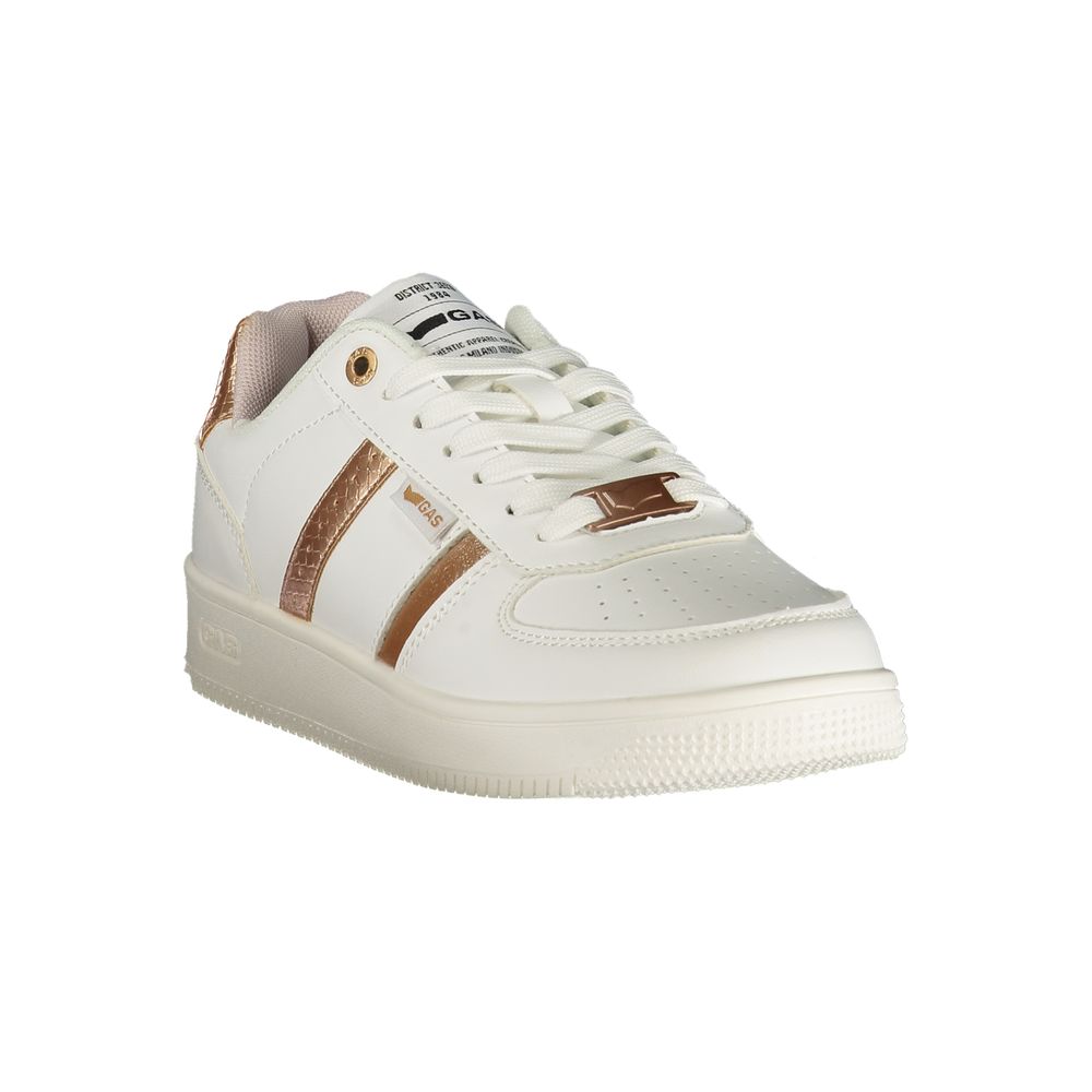 White polyurethane Gas women's sneakers featuring rose gold metallic side stripes and lace hardware.