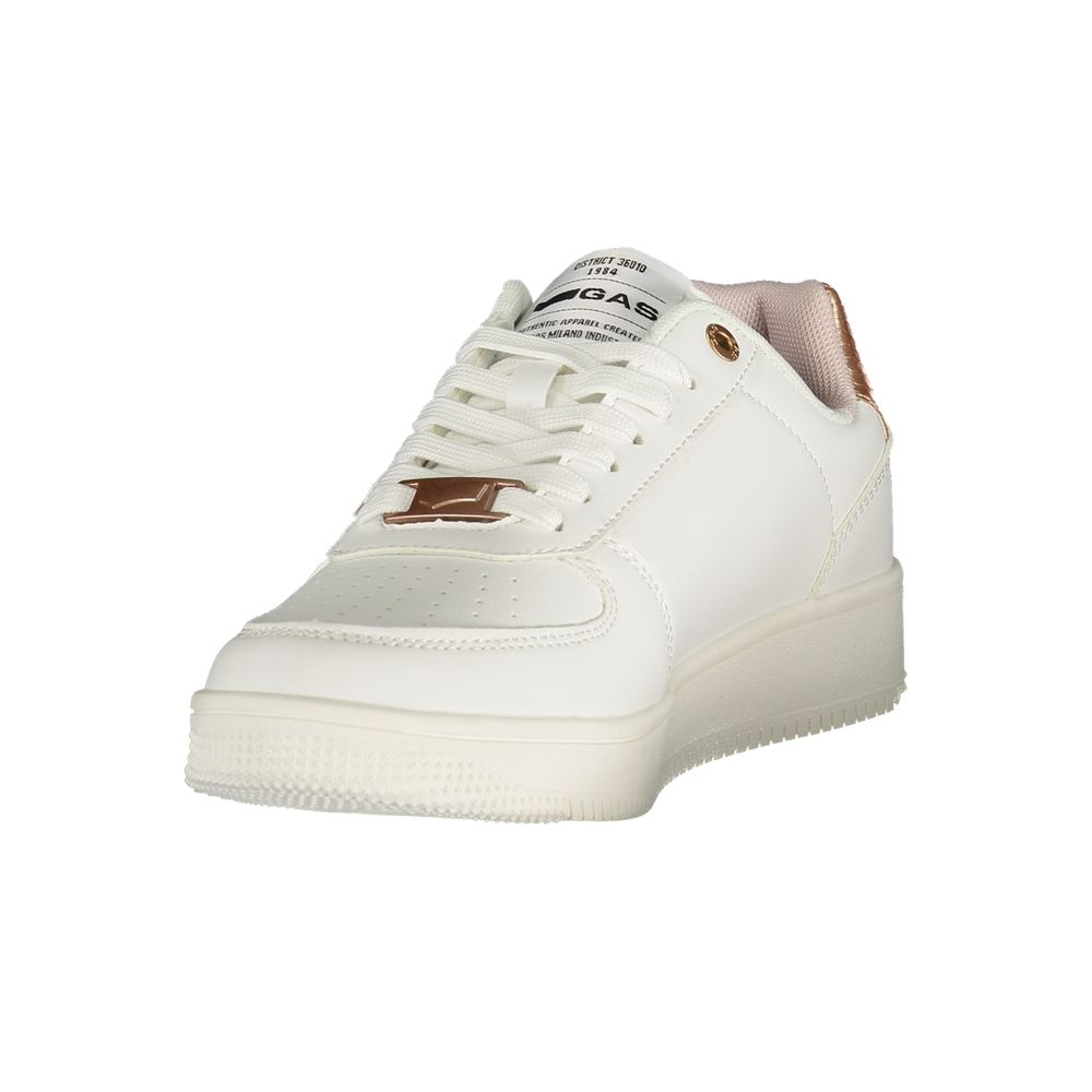 White Gas polyurethane women's sneaker with rose gold accents and a casual lace-up style.
