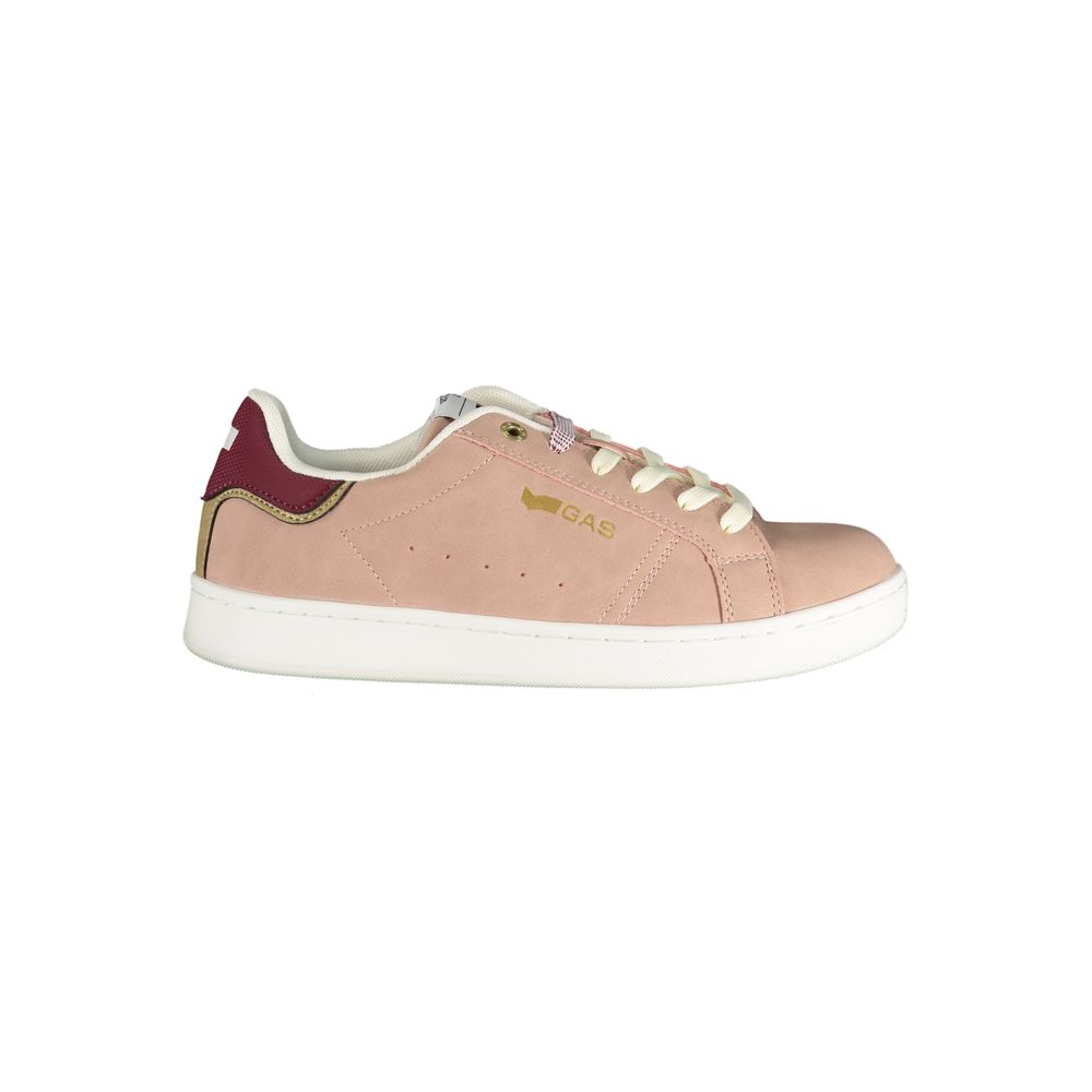 Pink polyurethane women's lace-up sneaker with maroon and gold accents and a white rubber sole.