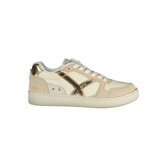 Beige polyester women’s sneaker with gold metallic accents and lace-up closure.