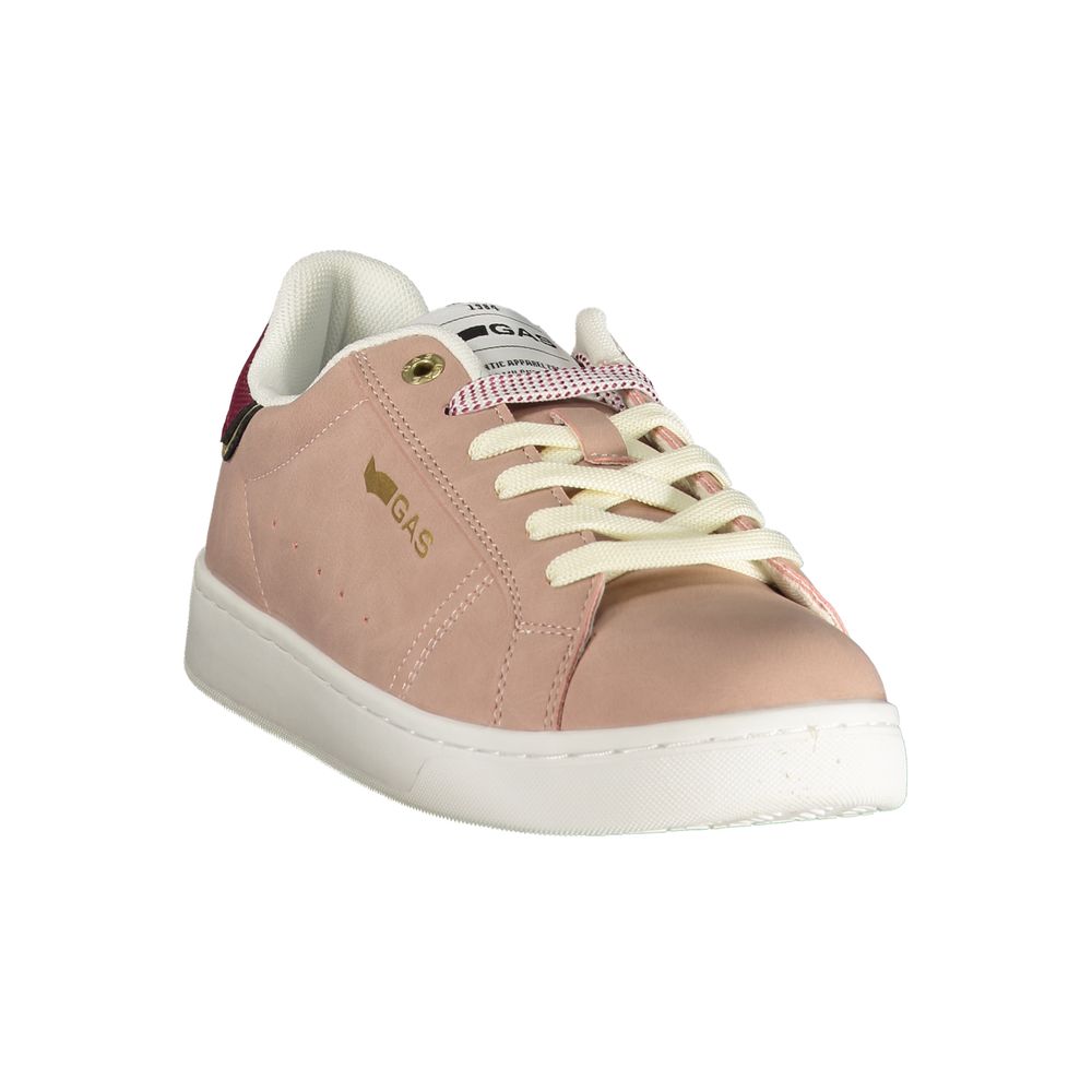 Pink polyurethane women's sneaker with white laces and a casual, low-top athletic style.