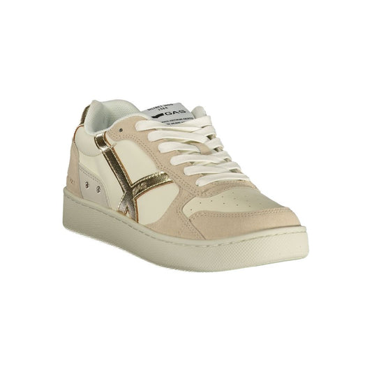 Beige polyester women's sneaker with gold metallic accents and lace-up closure.