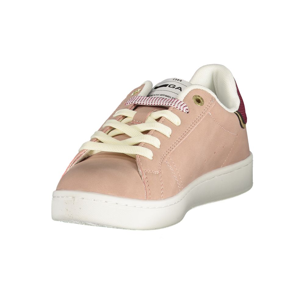 Pink polyurethane women's sneaker with white laces and a maroon heel accent, featuring a low-top casual style.