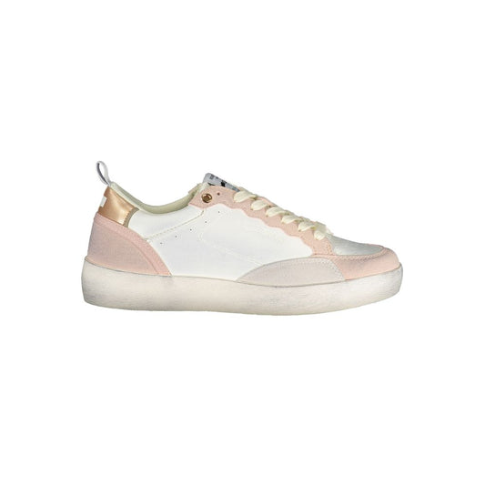 Women's white and pink polyurethane fashion sneakers with gold accents and a white rubber sole.