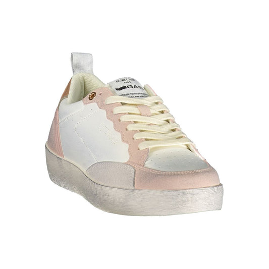 Women's white and pale pink polyurethane sneaker with a casual low-top style and white flat laces.