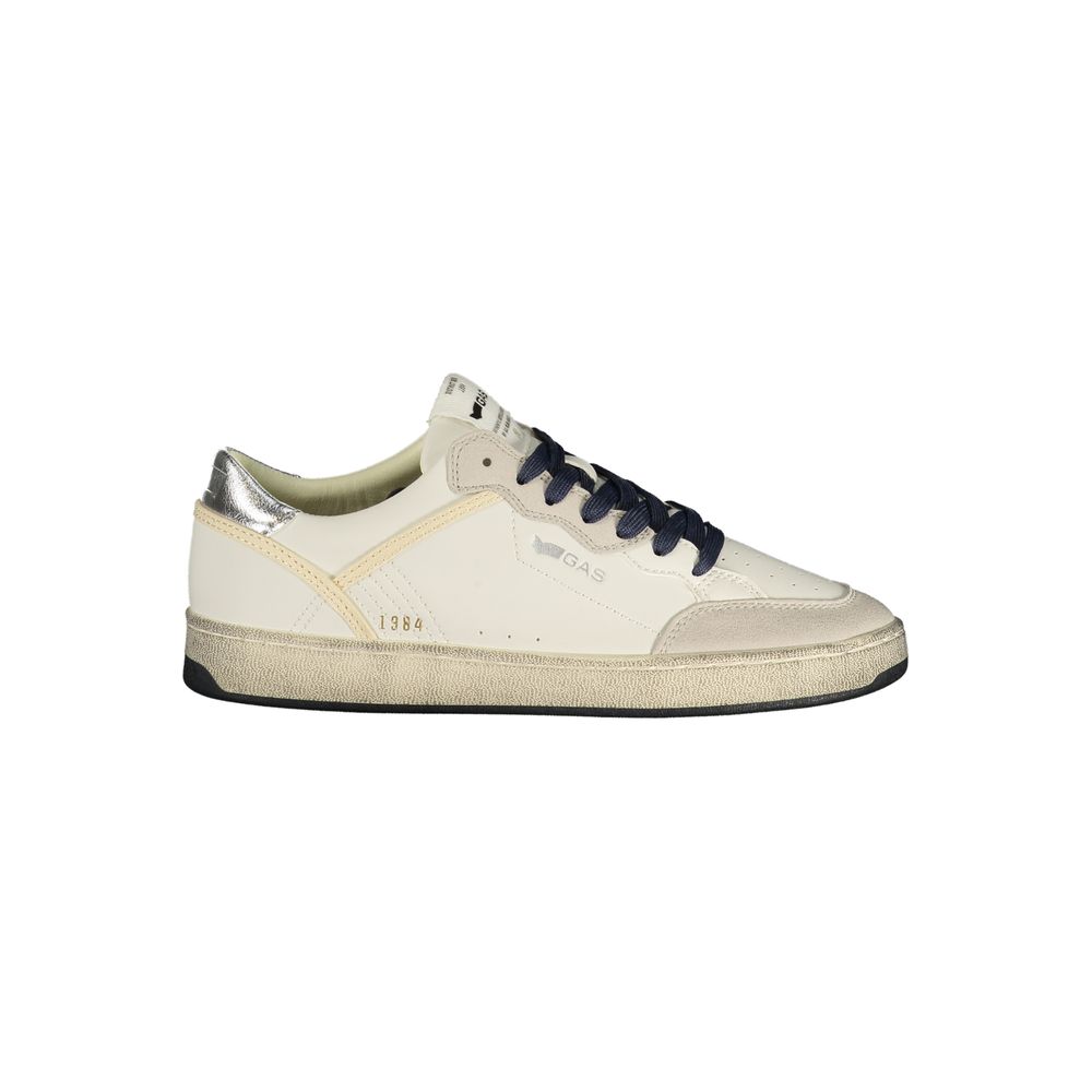 White polyurethane women's sneaker with dark laces, silver heel detail, and a textured off-white sole.
