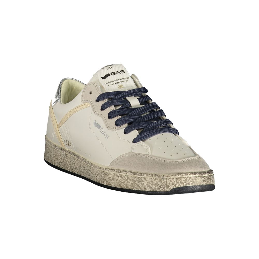 Gas Bianco white polyurethane women's sneaker with navy laces and a textured distressed-style sole.