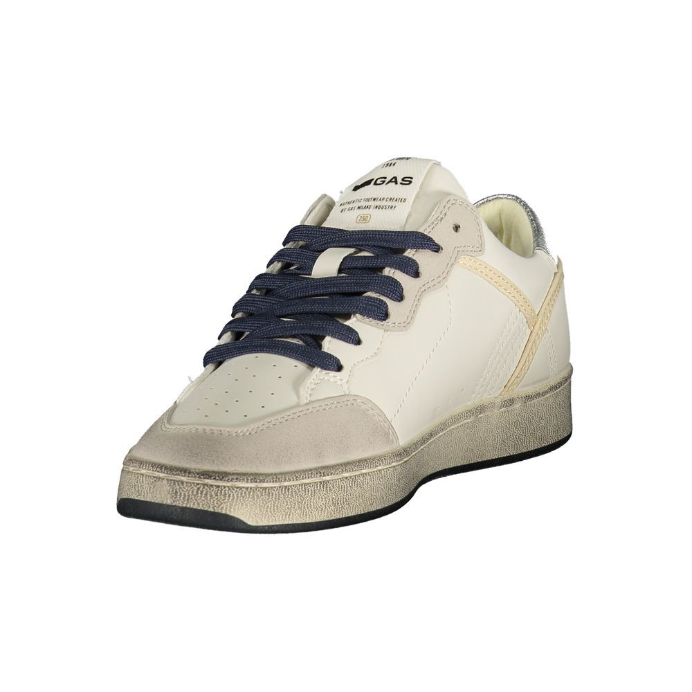 Off-white polyurethane women's sneaker with dark blue laces, suede accents, and a vintage-style textured sole.