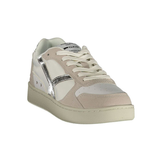 White Gas polyurethane women's sneaker with beige suede overlays and metallic silver side accents.
