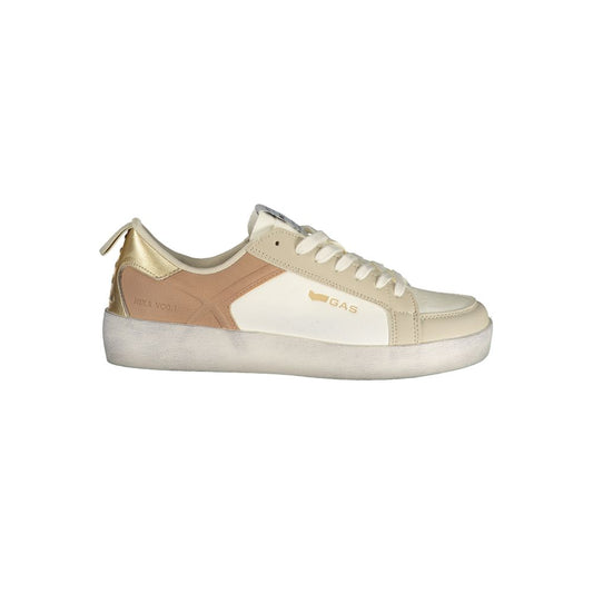 White and tan polyurethane women's sneaker with gold accents and a white flat sole, side profile view.