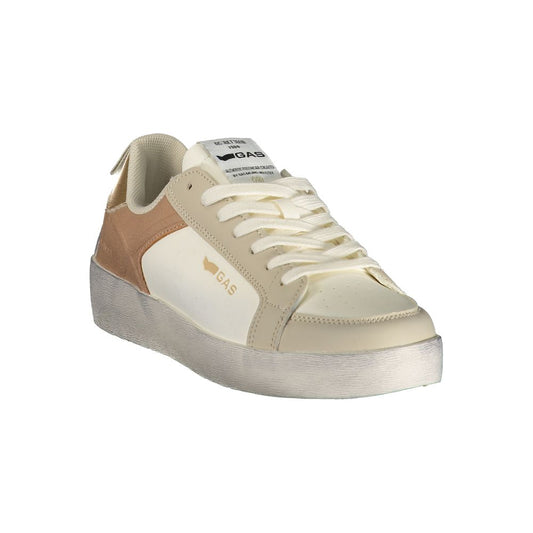 Gas Bianco white and tan polyurethane women's lace-up sneaker with platform sole and branded tongue.