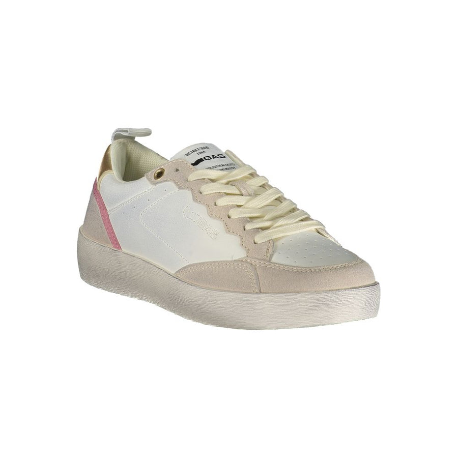 Women's white polyurethane sneaker with pink and gold accents, featuring a low-top casual lace-up design.