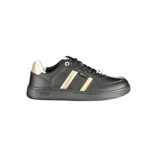 Gas black polyurethane women's sneaker with gold metallic snakeskin-textured accents and lace-up closure.