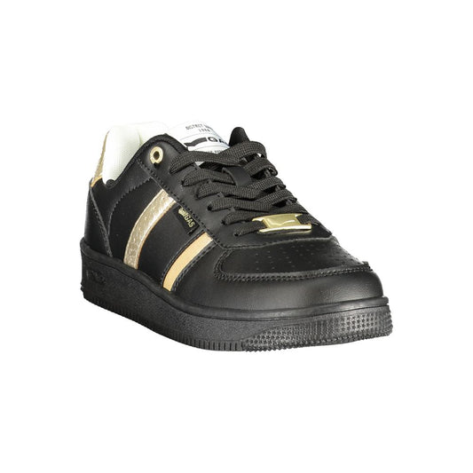 Gas women’s black polyurethane sneaker with gold accents and lace-up closure.