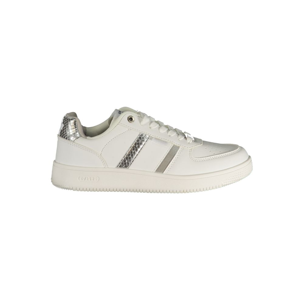 White sneaker with silver accents on a white background