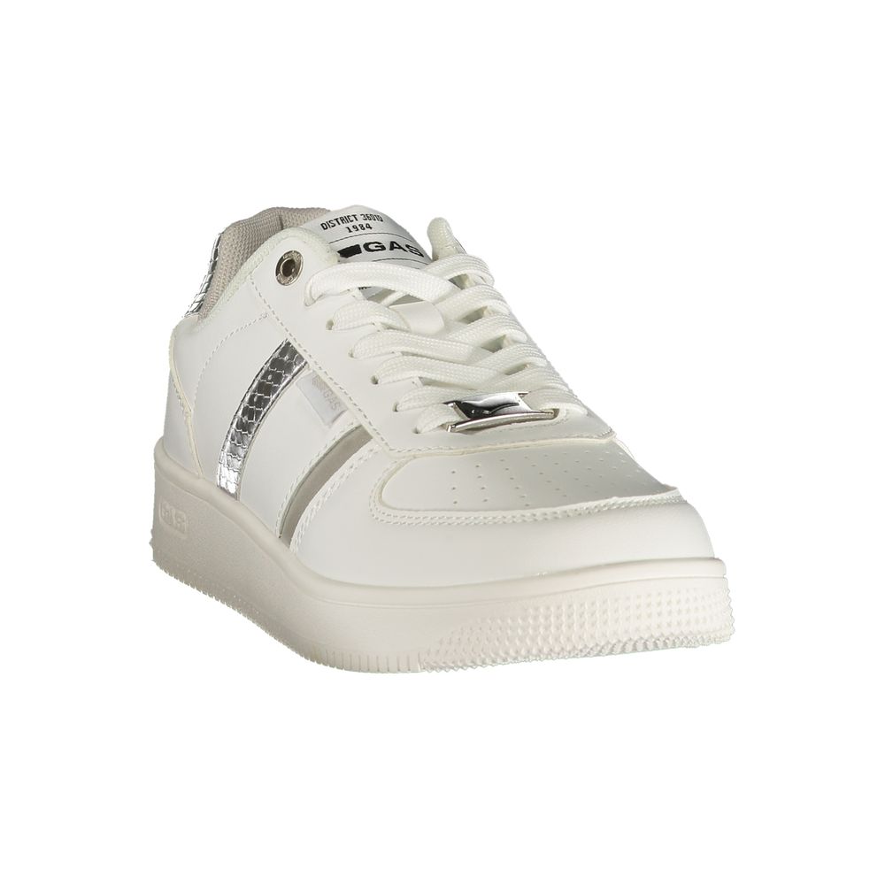 White sneaker with silver accents on a white background