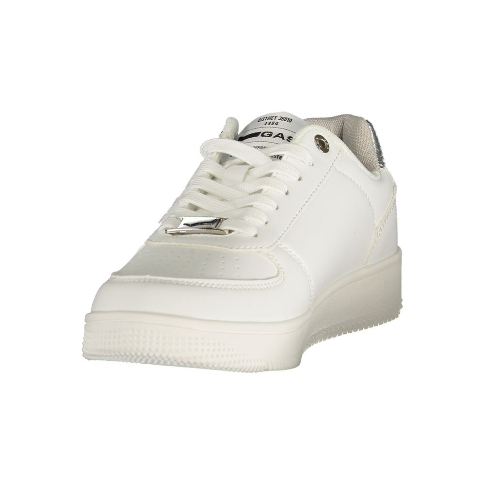 White sneaker with brand logo on a white background