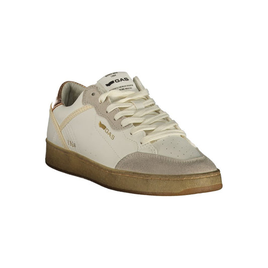 Gas women’s white polyurethane sneaker with suede accents, gold branding, and a textured gum sole.