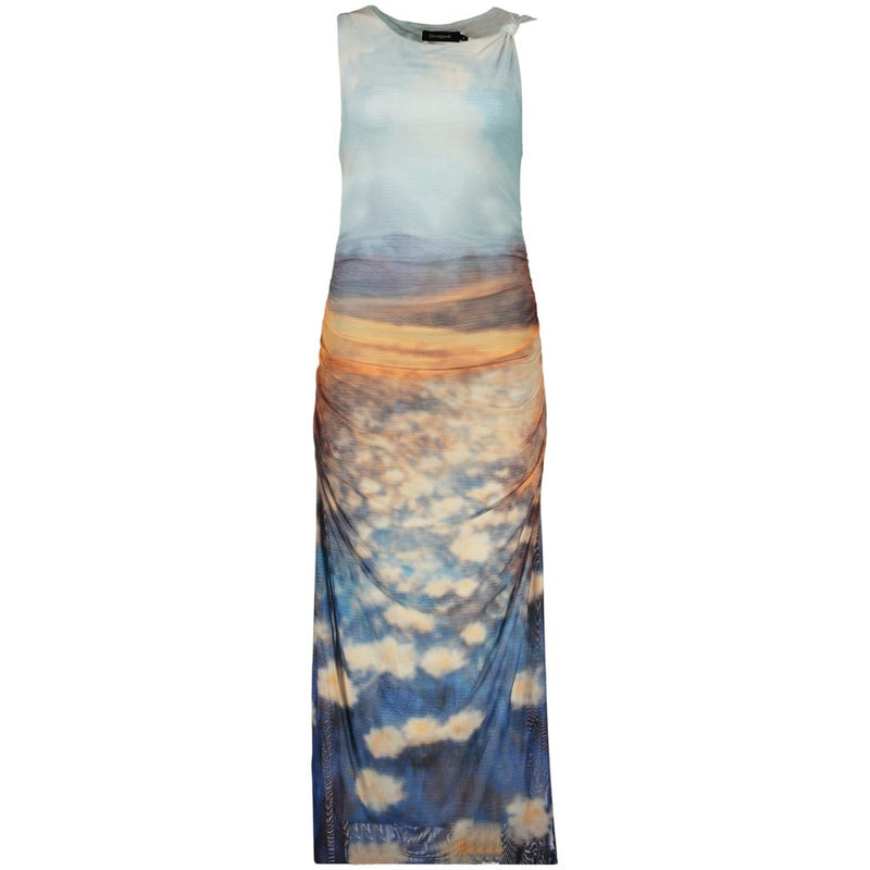 Blue and orange sleeveless polyester maxi dress with a landscape landscape print and gathered sides