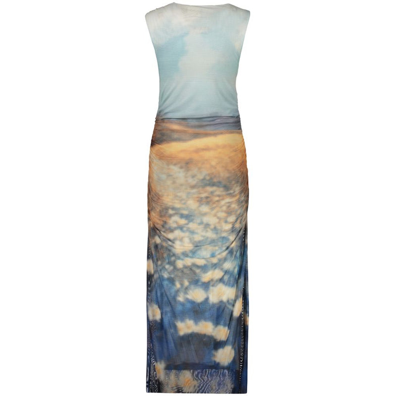 Sleeveless blue and yellow polyester midi dress with landscape scenery print