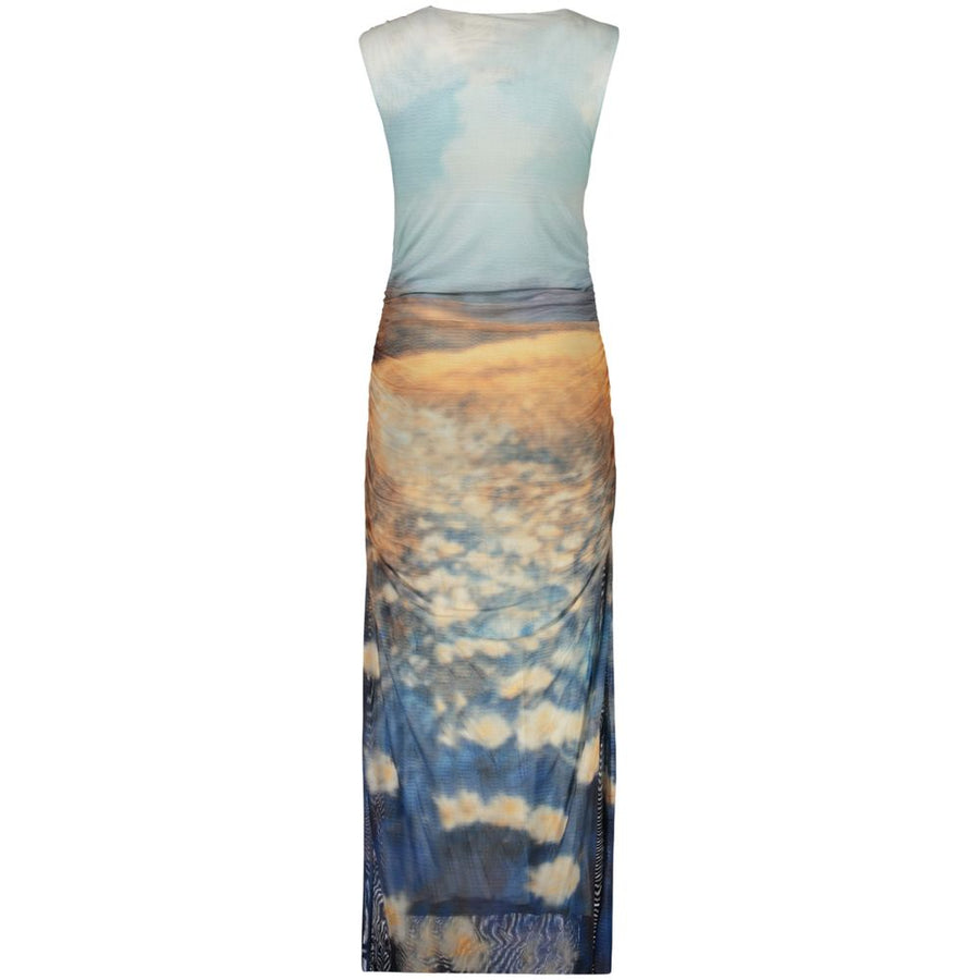 Blue and orange sleeveless polyester maxi dress with a landscape landscape print and gathered sides