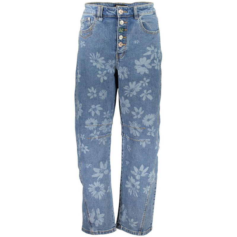 Blue cotton women's jeans with a faded floral print and multi-button fly